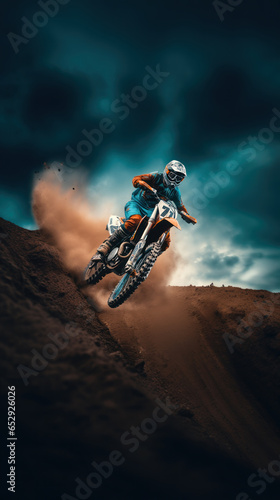 Motocross racer performing on a dirt track.