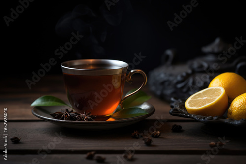 Fresh hot black tea in a cup on a dark rustic background