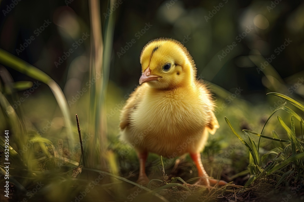 Small chick in a warm grass, little bird, Happy Easter.