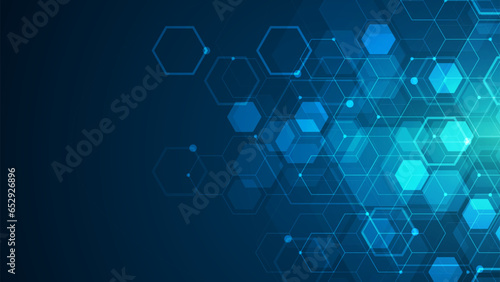 Hexagons pattern on blue background. Genetic research, molecular structure. Chemical engineering. Concept of innovation technology. Used for design healthcare, science and medicine background