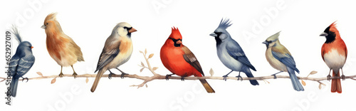 Bird set watercolor illustration. Red cardinal, eastern bluebird, goldfinch, robin, wren © JKLoma