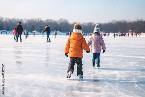 Children skate on an ice rink.