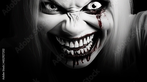The creepy grin of an evil creature. A sinister smile. Grim image of a scary undead creature. photo