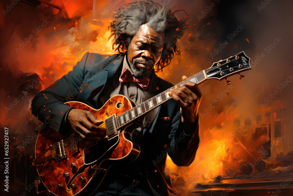 Obraz premium Black male guitarist playing acoustic guitar