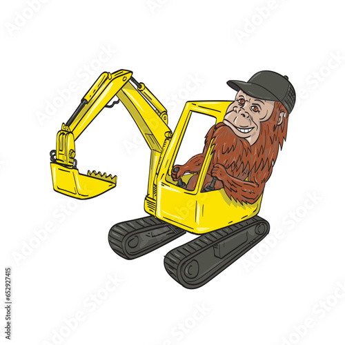 Line art drawing illustration of sasquatch or bigfoot, an ape like creature in Canadian and American folklore, wearing trucker hat driving operating a mechanical digger excavator in cartoon style.