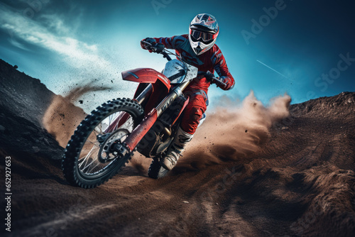 Motocross racer performing on a dirt track.