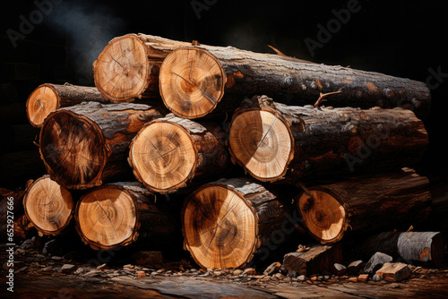 Deforestation and timber harvesting. Felled tree logs