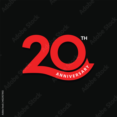 Red color 20th  anniversary logo design on black background. 20 years anniversary icon, stamp, label with ribbon. Birthday celebration greeting card sign and symbol of number 20.
