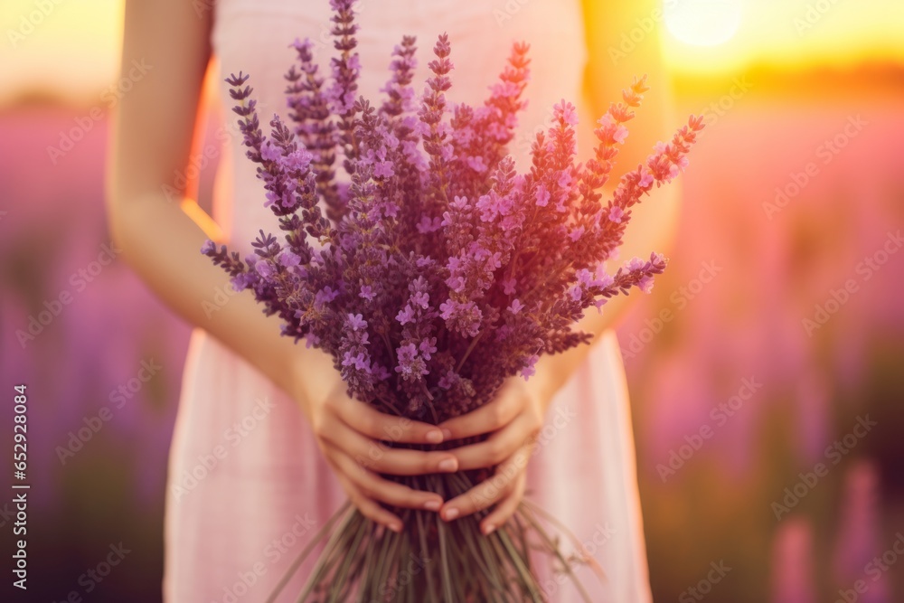 Generative AI International Women's Day. Young woman in a dress holds a lush bouquet of lavender standing in a field at sunset. Close-up front view. Happy Mother's Day.