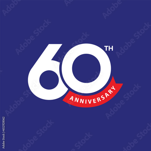 60th anniversary banner design with modern letter logo o number 60 and red ribbon on blue background. Company 60 years celebration badge design. Birthday wishing template, poster, greeting card.