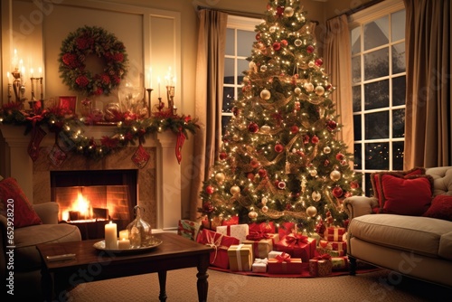 Interior of a house living room in an suburb with a Christmas tree decorated for Christmas and the new year holiday
