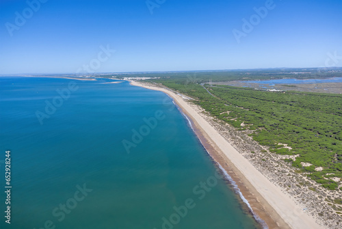 Aerial Panoramic view of Punta Umbria beach looking to El Portil and El Rompido Beaches in Huelva province, Andalusia, Spain © Alfredo