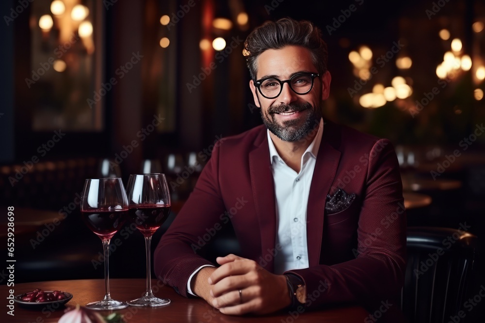 Date. Smiling bearded middle aged Caucasian man in eyeglasses on date in an expensive restaurant. He holds a glass of wine and looking at you. A romantic moment at a restaurant. Date. Smiling bearded middle aged Caucasian man in eyeglasses on date in an expensive restaurant. He holds a glass of wine and looking at you. A romantic moment at a restaurant.