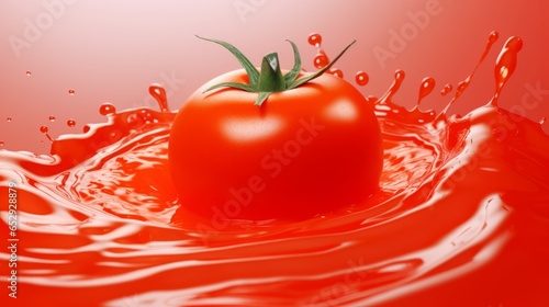 A vibrant red tomato sinking into a pool of tomato sauce