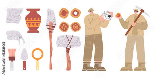 Archeologist exploration ancient treasure search dig equipment prehistoric archeology fossil flat illustration