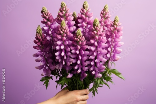 Generative AI International Women's Day. Young woman holds a lush bouquet of purple lupines in her hand. Side view close-up. Happy Mother's Day. Pink minimalistic background.