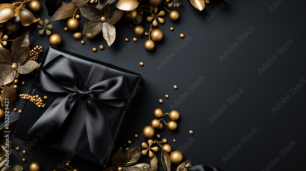 Black Friday Super Savings: Realistic black gift boxes with elegant gold bows on display shelves and a podium, set against a dark background.. - obrazy, fototapety, plakaty 