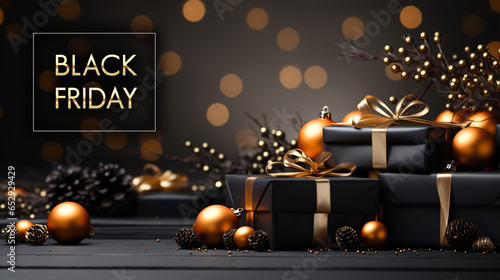 Black Friday Extravaganza: Podium adorned with lifelike black gift boxes tied with golden bows against a dark backdrop..
