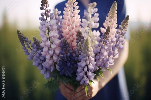 Generative AI International Women's Day. Young woman in a dress holds a lush bouquet of pink and purple lupins standing in a field at sunset. Close-up front view. Happy Mother's Day.