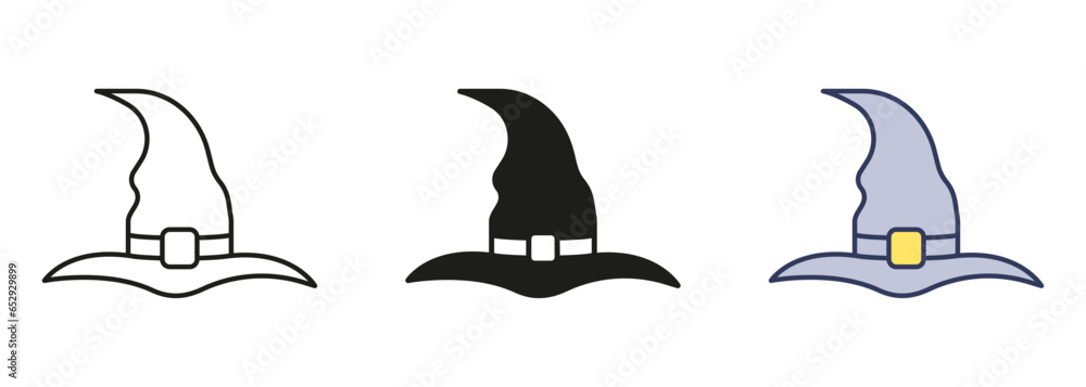 Witch Hat Line and Silhouette Icon Set. Wizard Magic Pointy Cap for Party 31 October Black and Color Pictogram. Halloween Accessory for Magician Symbols. Isolated Vector Illustration