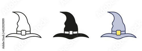 Witch Hat Line and Silhouette Icon Set. Wizard Magic Pointy Cap for Party 31 October Black and Color Pictogram. Halloween Accessory for Magician Symbols. Isolated Vector Illustration