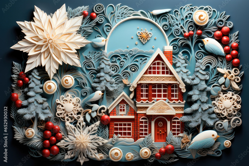 Fancy red house on Christmas Eve in winter on a snowy night, paper applique