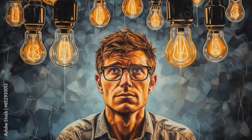 Man in glasses looking at several light bulbs above his head, concept of idea, creativity. Generative AI