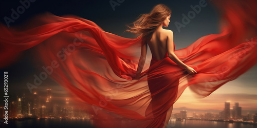 Fashion Woman in Red fluttering Dress Back Side Rear View.