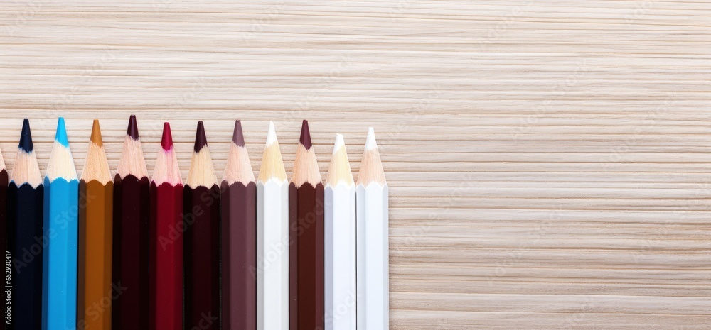 Colored pencils in a row, wooden background. Generative AI Colored pencils in a row, wooden background. Generative AI