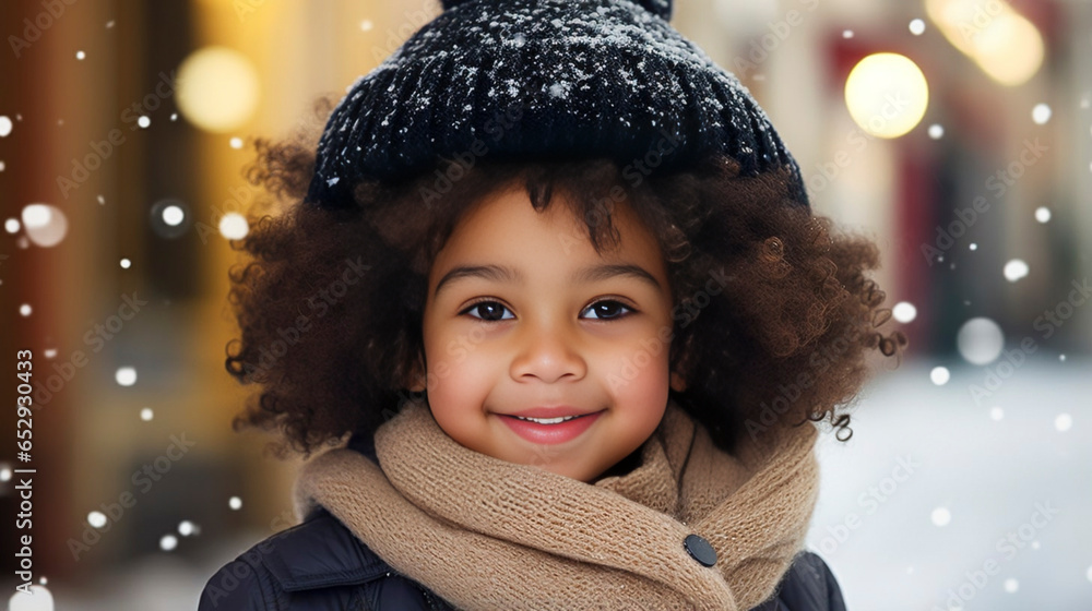 stockphoto, A smiling mixed race girl black toddler in the city, posing in the street. she is wearing winter clothes, snowing, christmas tree in the background, winter season, happy holidays. stockphoto, A smiling mixed race girl black toddler in the city, posing in the street. she is wearing winter clothes, snowing, christmas tree in the background, winter season, happy holidays.