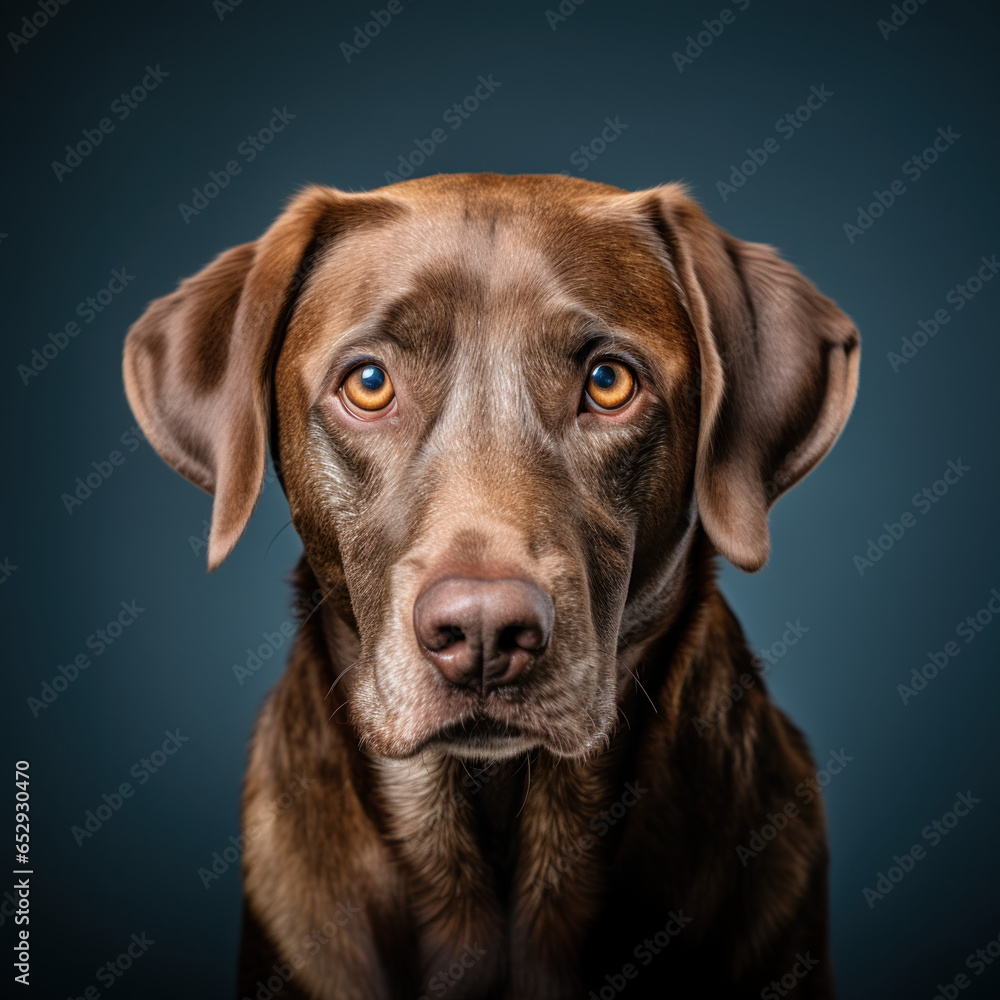 portrait studio d'une tête de chien de race labrador chocolat en gros plan, arrière plan uni bleu