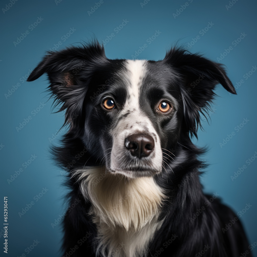 portrait studio d'une tête de chien de race border collie en gros plan, arrière plan uni bleu