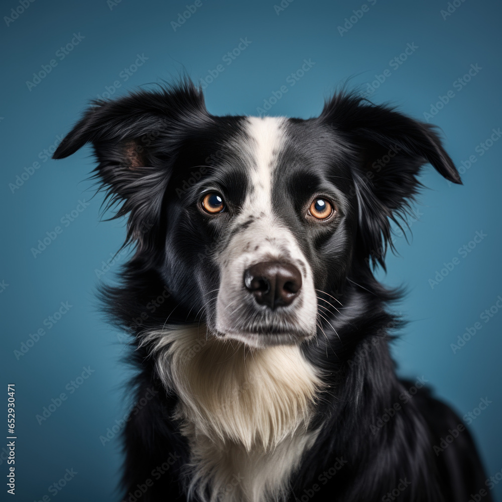 portrait studio d'une tête de chien de race border collie en gros plan, arrière plan uni bleu portrait studio d'une tête de chien de race border collie en gros plan, arrière plan uni bleu