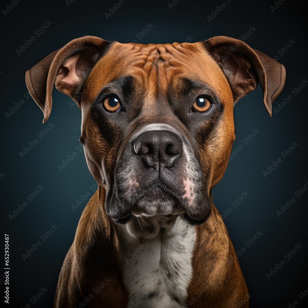 portrait studio d'une tête de chien de race boxer en gros plan, arrière plan uni bleu