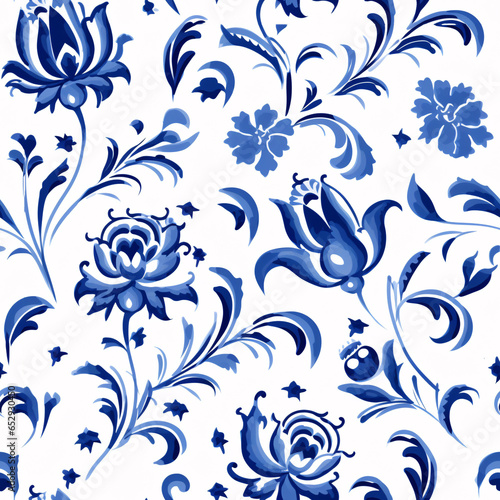 Get a touch of Dutch charm with this blue floral watercolor gouache pattern, designed for fabric printing and wallpaper..