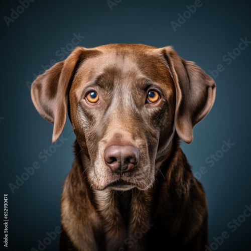 portrait studio d une t  te de chien de race labrador chocolat en gros plan  arri  re plan uni bleu