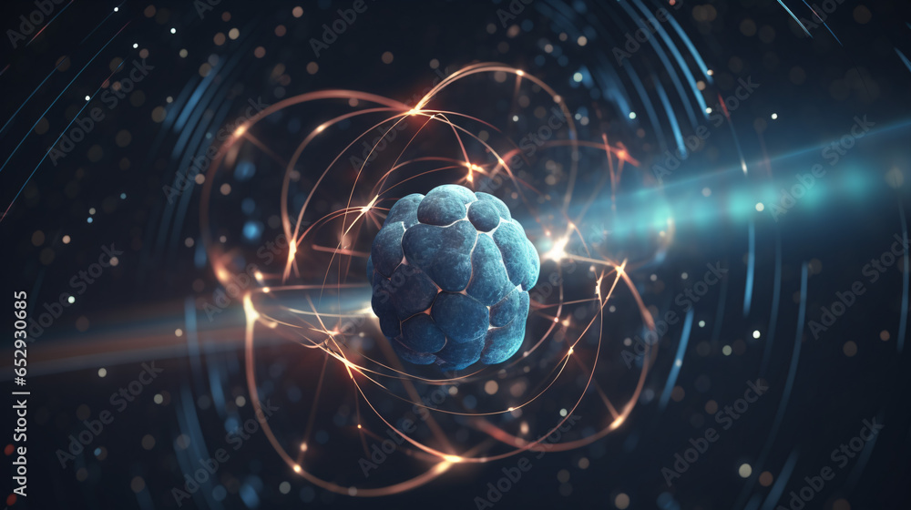 Subatomic particles within the atom, a fundamental concept in physics, portrayed in a 3D-rendered image - obrazy, fototapety, plakaty 