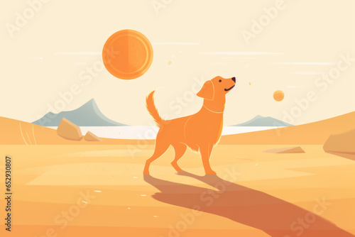 Ilustración de perro paseando por la playa.