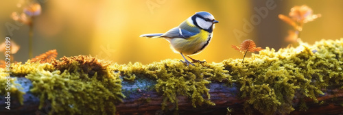 Natural background and a small blue bird perched on a branch with a small moss tree. © JKLoma