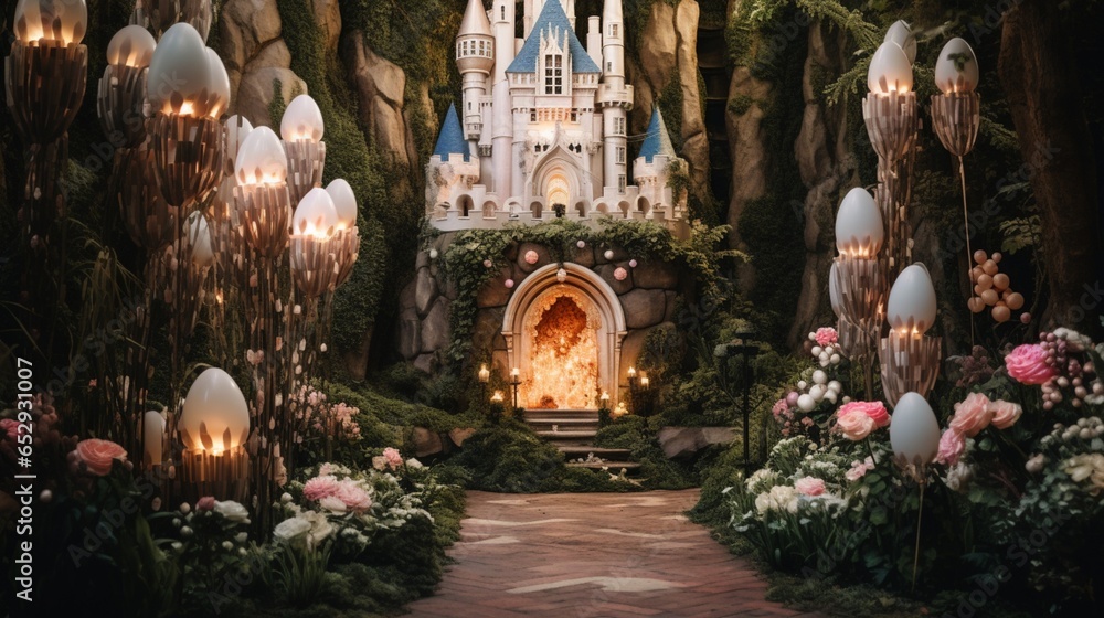 Create an enchanted forest castle courtyard birthday soir?(C)e with balloons resembling enchanted castle courtyards and woodland creatures, a cake adorned with castle courtyard details, and candles th