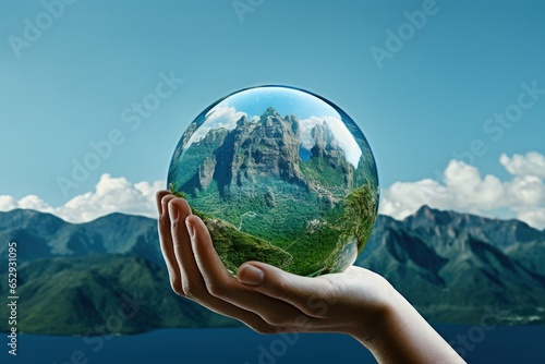 Hand holding a glass sphere with mountains inside, background with sky and clouds. Generative AI