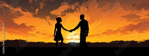Illustration couple holding hands, sunset in the background. Generative AI