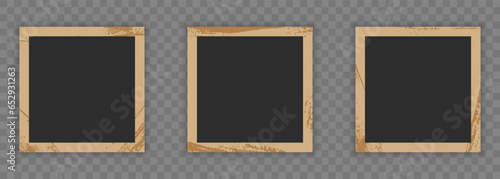 Retro Photo Paper Set In Square Shape. Blank Vintage Photo Frame On Transparent Background. Picture Photography Card Collection With Grunge Texture Border. Isolated Vector Illustration