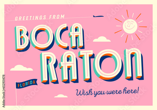 Greetings from Boca Raton, Florida, USA - Wish you were here! - Touristic Postcard. Vector Illustration.