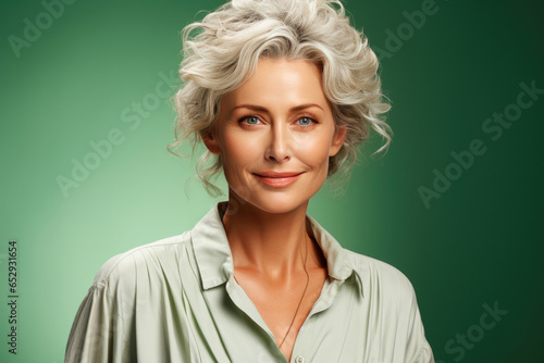 Smiling elderly woman with gray hair on a green background in the studio