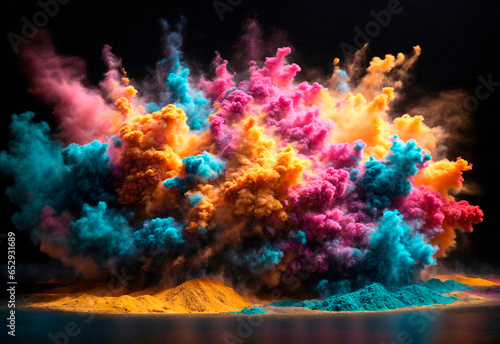 Magic explosion, game bomb boom effect with colorful clouds. 