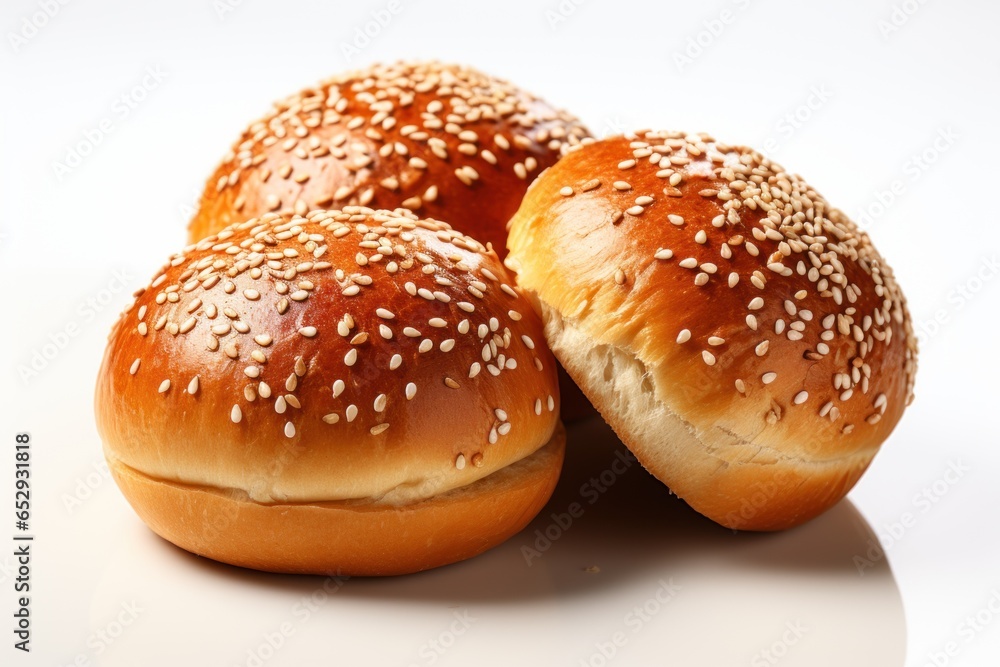Three buns with sesame seeds isolated on white background