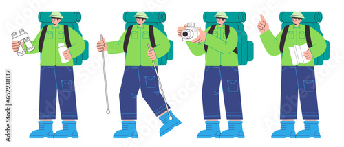 Hiking trek trail outdoor activity character set of flat illustration green jacket flat line holding map camera stick binocular
