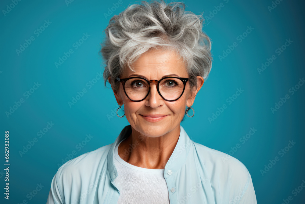 Smiling elderly woman in glasses with gray hair on a blue background in the studio Smiling elderly woman in glasses with gray hair on a blue background in the studio