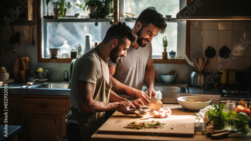 LGBTQ couple in love cooking together good memories